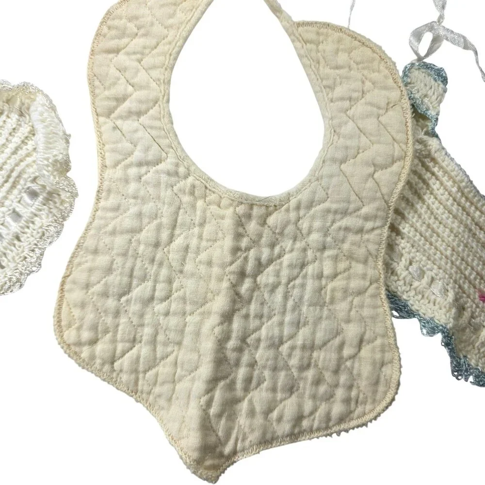 Set Of 3 Vtg Baby Bibs Quilted Crochet Lace Handmade White Pink Blue Accents